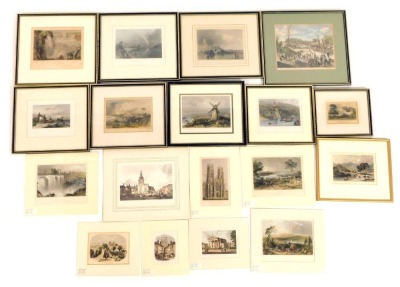 A group of coloured engravings, Niagara Falls, Tattershall Bridge, The Views of Heredith, etc, some mounted, others framed and glazed. (a quantity)