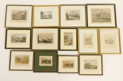 A group of Lincolnshire related coloured engravings, Grantham, City of Lincoln, Boston, Sleaford, etc, framed and glazed. (a quantity)