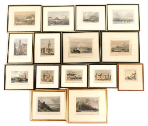 A group of coloured engravings relating to seaside towns, Dover, Blackpool, Bolougne Harbour and others, all framed and glazed. (a quantity)