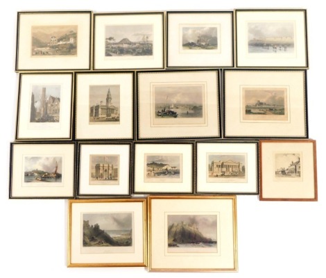 A group of coloured engravings relating to seaside towns, Dover, Blackpool, Bolougne Harbour and others, all framed and glazed. (a quantity)