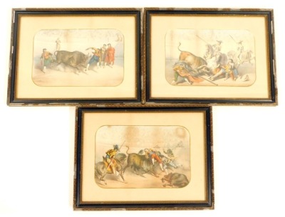 A set of three 19thC Spanish coloured engravings, each of bull fighting, bearing pencil signature, 23cm x 34cm, framed and glazed. (2)