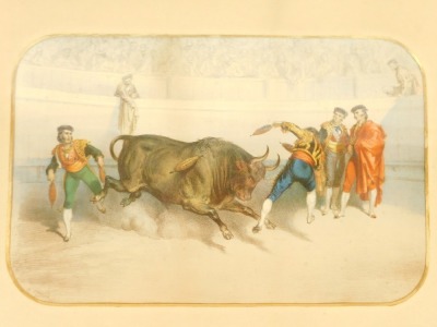 A set of three 19thC Spanish coloured engravings, each of bull fighting, bearing pencil signature, 23cm x 34cm, framed and glazed. (2) - 2