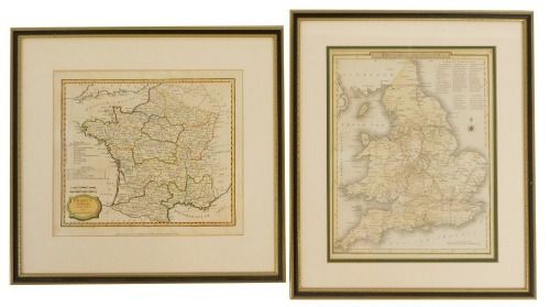 Two framed coloured maps, comprising England Fields, 27cm x 20cm, and France and It's Visions, 21cm x 23cm, framed and glazed. (2)