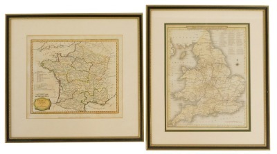 Two framed coloured maps, comprising England Fields, 27cm x 20cm, and France and It's Visions, 21cm x 23cm, framed and glazed. (2)