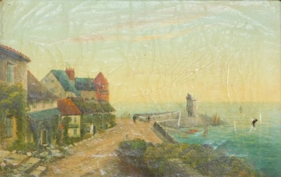 19thC School. Harbour and lighthouse scene, oil on canvas, 18.5cm x 29cm, in gilt frame. (AF)