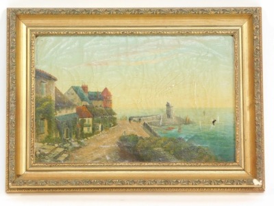 19thC School. Harbour and lighthouse scene, oil on canvas, 18.5cm x 29cm, in gilt frame. (AF) - 2