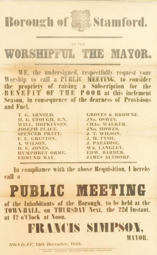 A Borough of Stamford 1853 poster, Public Meeting Announcement for 19th December 1853, 46cm x 28cm, framed and glazed.