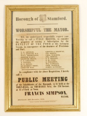 A Borough of Stamford 1853 poster, Public Meeting Announcement for 19th December 1853, 46cm x 28cm, framed and glazed. - 2