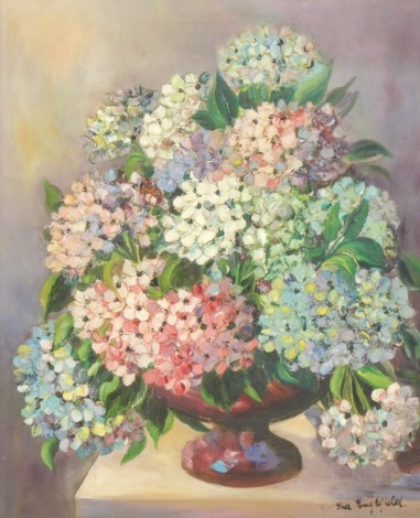 20thC Continental School. Hyacinths in vase, oil on canvas, signed, 61cm x 50cm framed.