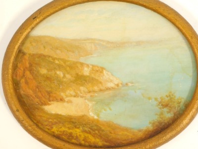 19thC School. White Cliffs Of Dover sea cove, oval, oil on board, in gilt frame, 29cm x 26cm. - 2