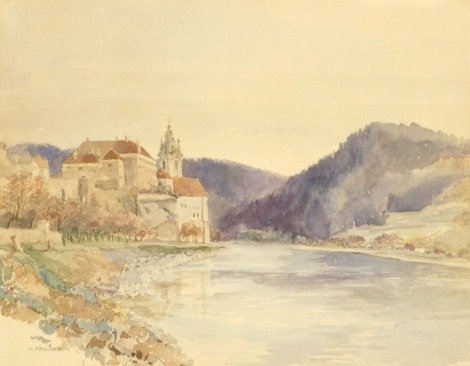 H Faulhaber (20thC School). Lake and partial town scene, watercolour, signed, 25cm x 31cm, framed and glazed.