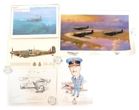 After Trevor Lay, Lightening Strike, bearing pencil signatures for John Ward, Steve Hunt, David Evans, John Mitchell, Steve Stewart and Denis Brooks, and three further aviation prints, The Hornchurch Wing, Sir Hugh Dowding with his BE2C that he flew durin