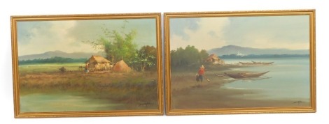 Asian School (late 20thC). Homestead by a river; Fisherman and boats by a lake, a pair of oils on canvas, signed indistinctly, 60cm high, 90cm wide. (2)