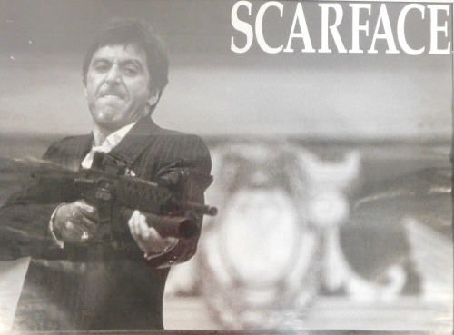 A Scarface framed black and white poster, 57cm x 76cm Framed and glazed.