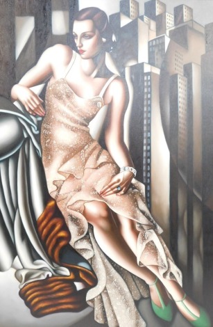 After Tumarn de Lempicka. Art Deco style figure in New York skyline, the female in elaborate dress with jewels, ink offset lithograph, 90cm x 61cm.