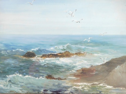 20thC School. Rough seascape with birds, oil on canvas, 27cm x 36cm, framed and glazed.