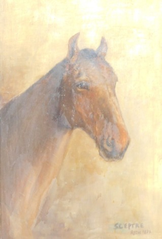 Rioh (20thC School). Sceptre race horse, oil on canvas, signed and titled 1982, with further oil on canvas painting on reverse of a gentleman, 50cm x 34cm, framed.