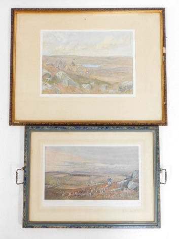 Two hunting prints, comprising after Lionel Edwards The Hunt, mounted in a serving tray, and a further after Lionel Edwards Hunting Over The Moors, the tray 41cm x 33cm, the print 29cm x 39cm. (2)