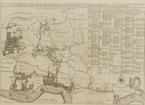 A map of the Parish of St Dunstons Stepney, divided into hamlets, c1920, 29cm x 42cm, framed and glazed.