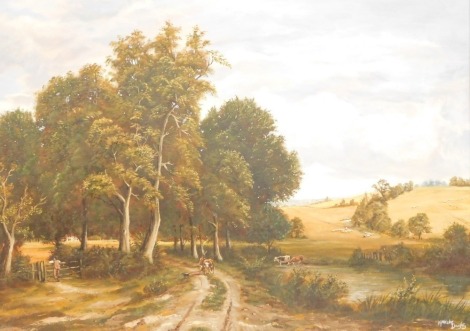 Malcolm Doughty (20thC School). Field and woodland scene with cattle and farmer, oil on board, signed, 49cm x 70cm, in gilt frame.