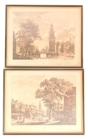 Two 19thC engravings of Amsterdam, comprising Gezcht Van't Koningsplein Naar de Reguliers, and De Cingel Jan Rooden-Poorts-Tooren, 31cm x 39cm, framed and glazed. (2)