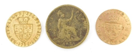 A George III style token, stamped Fattorini Goldsmith, Harrogate, another similar and a Victorian penny token. (3)