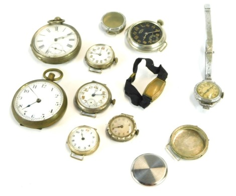 A collection of pocket watches and pocket watch parts, to include a late 19thC hunter pocket watch, with white enamel Roman numeric dial and blue hands, white metal stamped Fine Silver, silver plated pocket watch cases, a silver headed wristwatch head wit