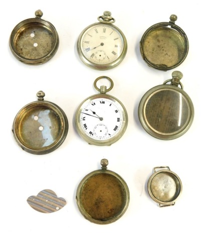 A group of pocket watches and pocket watch parts, comprising an Ingersoll Eclipse plated pocket watch, a white metal inner movement case, stamped 935, a silver plated pocket watch, partial case, a steel and enamel cased pocket watch, a further white metal