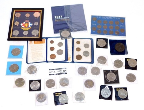 A group of commemorative coins, to include Churchill, Queen Elizabeth Silver Jubilee, 1971 coin pack, two Britain's First Decimal coin pack, etc. (a quantity)