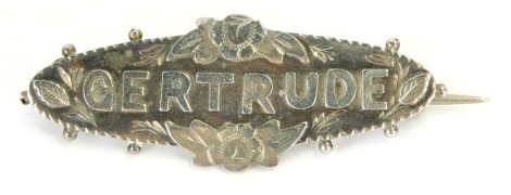 A Victorian silver bar brooch, bearing the name Gertrude, 2.7g.