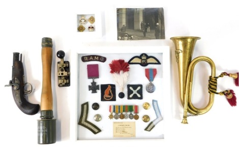 Military interest. A brass bugle, Morse Code tap, replica wooden German M24 stick grenade, black and white photograph of General Douglas, Tokyo 1946, cased set of four military buttons, replica pistol, and a soldier's prayer presentation plaque, with arra