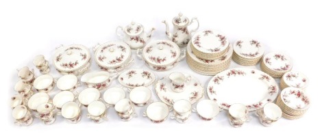 A Royal Albert Lavender Rose Pattern Part Tea and Dinner Service, comprising three tureens and covers, teapot, gravy boat and saucer, cake plates, oval serving plate, coffee pot, twelve breakfast cups, twelve tea cups, associated saucers, milk jug, sugar 