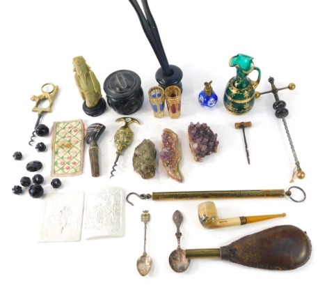 19thC and later novelty trinkets, an ebony storage jar, bohemian glass decanter and tall shot glasses, small group of jet beads, ammonite, powder flask etc (1 tray)