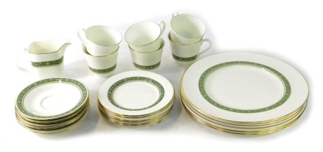 A Royal Doulton Rondelay pattern part tea and dinner service, comprising six cups and saucers, milk jug, six side plates and six dinner plates.