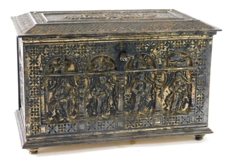 A Continental silver plated caddy, with applied and banded religious scenes, on bun feet, with a wooden lined interior, 16cm high, 26cm wide, 14cm deep.