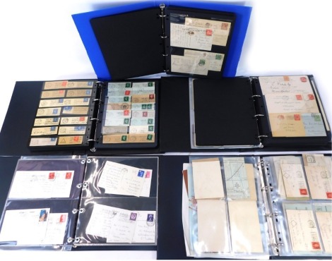 Philately and postcards, comprising black and white UK seaside postcards and coloured postcards, and album containing postage envelopes from 1920's with postage worn penny and half penny stamps, an album of 1940's and 1950's postage worn sorting office la