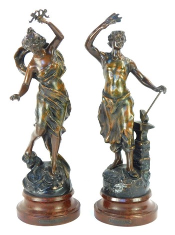 After Ruchet. A pair of bronzed spelter figures, depicting maiden and blacksmith, entitled La Paix and Le Travail, 43cm high. (2)