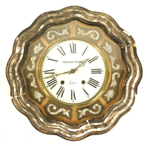 A 19thC French wall clock by Mellier Tiravi, Dinan, the ebonised waved outer surround with mother of pearl inlay, white enamel Roman numeric dial, eight day movement, 48cm wide.