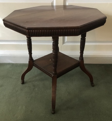 A late Victorian walnut octagonal window table, on turned supports and splayed feet with casters, 72cm high, 73cm wide. (AF)