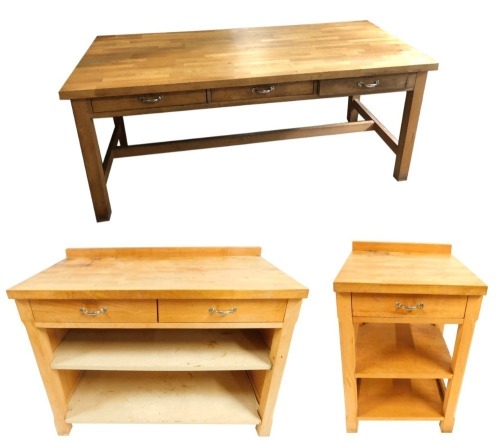 A solid beech kitchen table, with frieze drawers, 78cm high, 176cm wide, 82cm deep and two similar cabinets with shelves. (3)