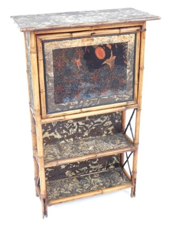 A Victorian bamboo and lacquered cabinet, the fall front with the decorative panel of birds and flowers, an arrangement of two shelves, 107cm high, 66cm wide, 30cm deep.