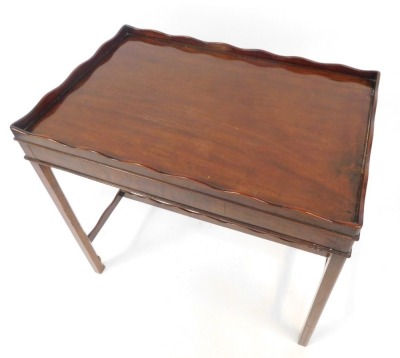 A Georgian style flamed mahogany tray top silver table, with a shaped gallery, on tapering legs, 73cm high, 80cm wide, 51cm deep. - 2