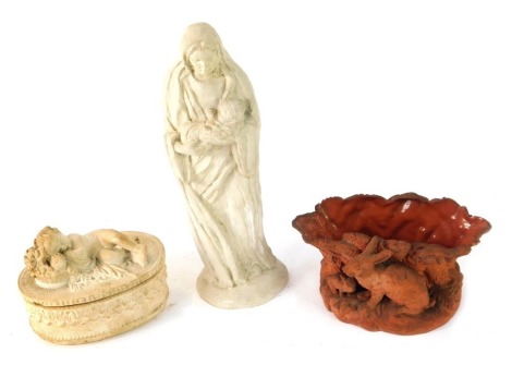 Three 19thC and later wares, comprising a plaster religious figure group of mother holding child, 27cm high, a Torquay terracotta tortoise and hare planter, 8cm high, and an oval jar and cover, with seated cherub to lid, 12cm diameter. (3)