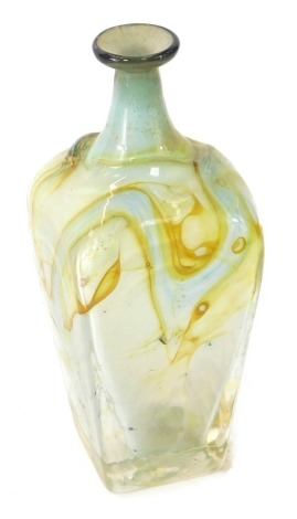 A 20thC art glass vase, the mallet shaped body with inlaid yellow, blue and white swirl design, with lobed top on square base, 24cm high. (AF)