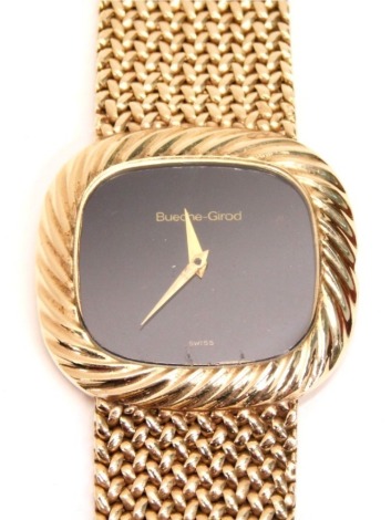 A 9ct gold Bueche Girod wristwatch, with mesh work bracelet, 3cm wide black face marked Bueche Girod Swiss, with baton pointers, 69g all in.