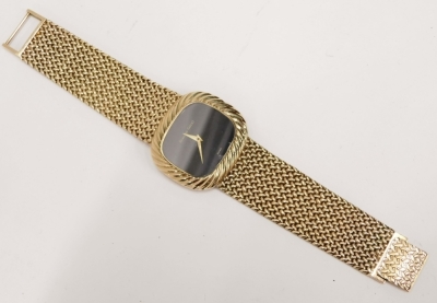 A 9ct gold Bueche Girod wristwatch, with mesh work bracelet, 3cm wide black face marked Bueche Girod Swiss, with baton pointers, 69g all in. - 2