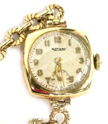 A 9ct gold Rotary cocktail watch, with 2cm Arabic dial, subsidiary second hand, baton pointers and link bracelet, 15.7g all in.