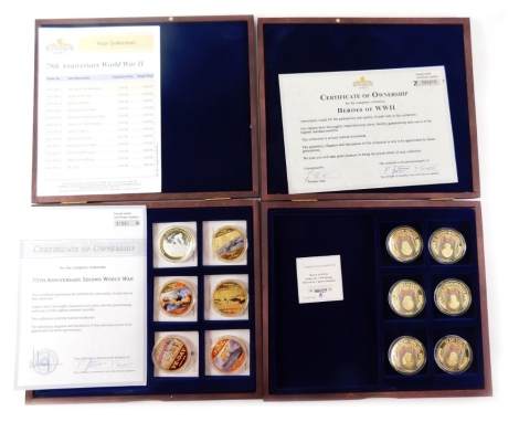 Various commemorative coins, Heroes of World War II, six coin set gold plated, partially cased, and 75th Anniversary World War II, gold plated six coin set. (2 cases)