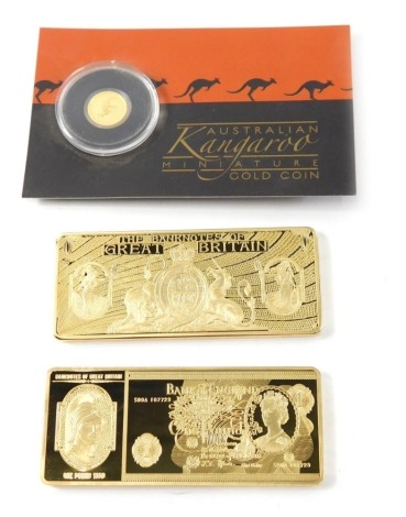 An Australian 2019 mint Mini Roo, 0.5g proof gold coin, in outer packaging, with paperwork, and two gold plated banknotes of Great Britain ingots, with certificates. (a quantity)