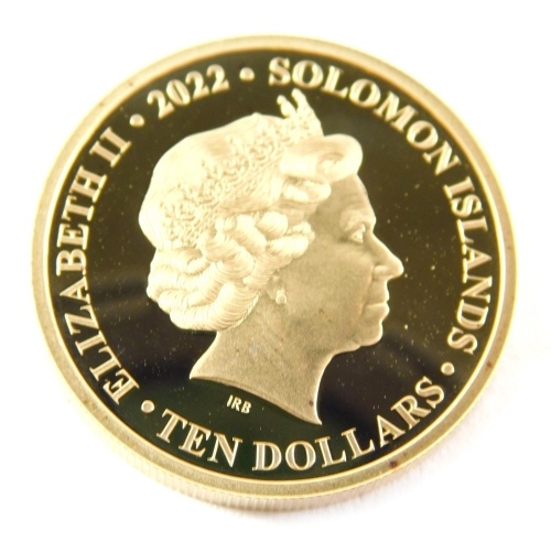 A Queen Elizabeth II Platinum Jubilee 22ct gold proof Piedfort coin, 16g, ten dollar denomination, with case and paperwork.